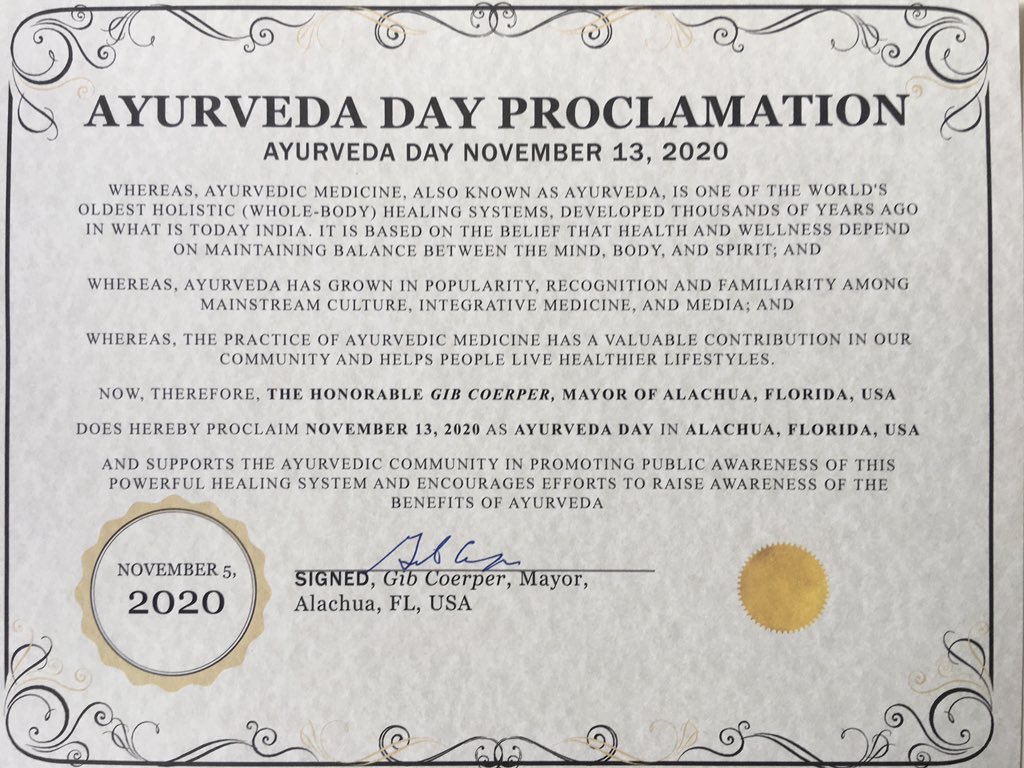 ayurveda_day's tweet photo. We are grateful to Mr. Gib Coerper, Mayor of Alachua in Florida in the United States of America for proclaiming Ayurveda Day this year in sync with our global initiative.#Ayurveda #AyurvedaDay2020 #MayorProclamation 🇺🇸 🇮🇳 https://t.co/bIiBiQBmHJ