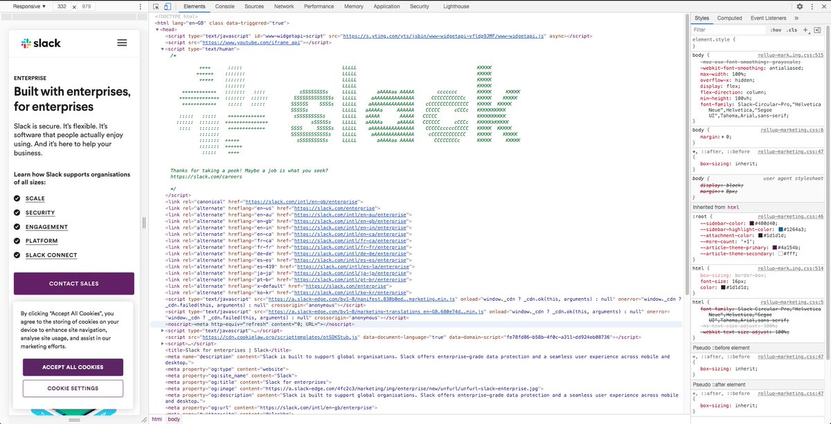 davechaps's tweet photo. On the subject of hidden messages, here's one done right (sorry, Boris). Inspect the code of @SlackHQ  and they leave you this little note. I love it. https://t.co/HY4kRmcLw7