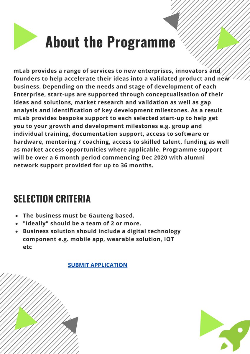 mlabsa's tweet photo. #mLabGautengStartUpProgramme2020. Follow the link to submit your application. https://t.co/lZbjOlBGTJ https://t.co/vj0ZghZAtW