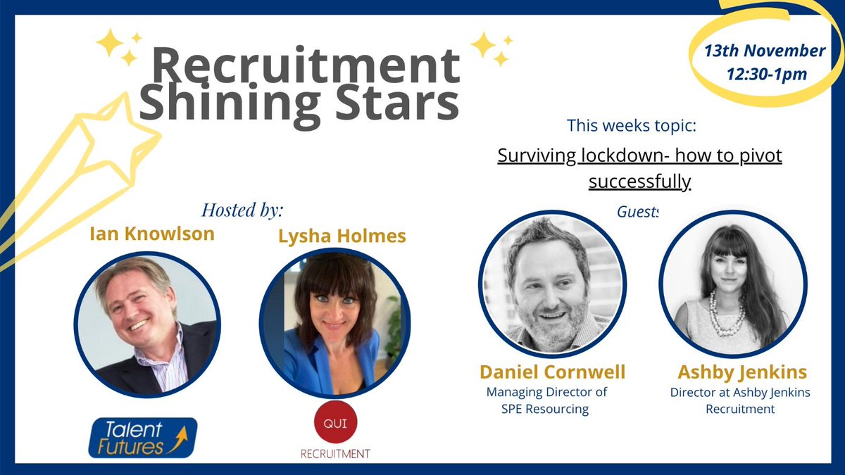 IanKnowlson's tweet photo. Join the second in our series of Recruitment Shining Stars #ChatShow this Friday, where I will be joining @LyshaHolmes from @QuiRecruitment plus special guests discussing: 

Surviving Lockdown: how to pivot successfully! #Rec #Rec2Rec #RecTalk #RecNews 
(link to be added shortly) https://t.co/mOBTqtCNk8