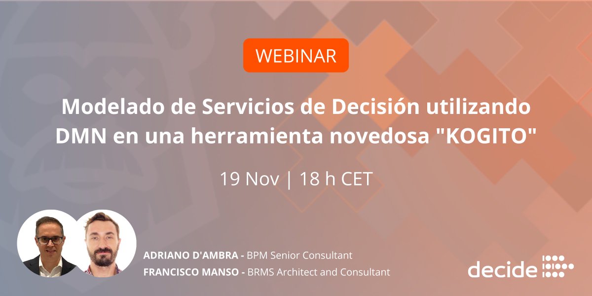 decide4AI's tweet photo. 💻 #Webinar "Modelado de Servicios de Decisión utilizando #DMN en una herramienta novedosa, #Kogito"
📅 19 Noviembre
🕑 18 h CET
Reserva tu plaza 👉 https://t.co/WBHY10KVXY
#decide4DM #brms #digitaldecisioning #BPM #BPMN #decisionmanagement #decide4ai #webinargratis #RedHat https://t.co/2AHPFIIjYb