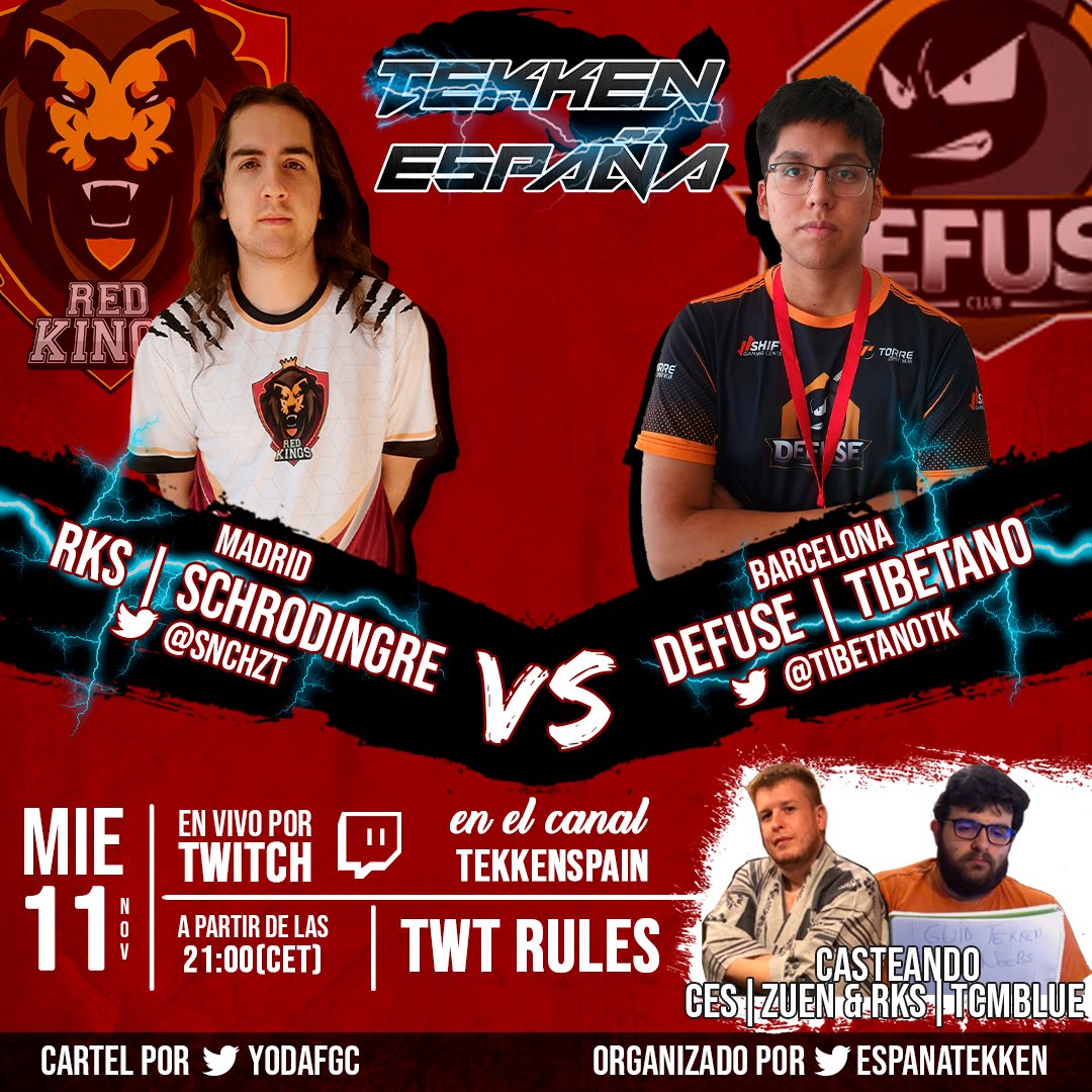 🎊SORPRESA!🎊

La S4 viene llena de Sorpresas! Y aquí teneis un buen entrante para Mañana:

🐱@Snchzt vs <a href="/Tibetanotk/">GG | Tibetano</a> 💣

Un FT10 a la antigua usanza, TWT rules, donde veremos la variedad que trae esta S4.

A los microfonos estarán: <a href="/AkagamiZueN/">波波</a> y @tcmblue 
twitch.tv/TekkenSpain