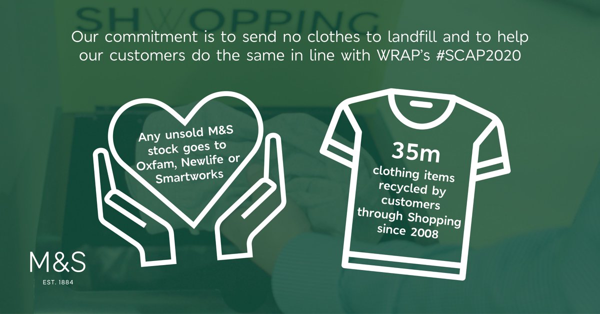MandSnews's tweet image. We design our clothing products to last and our clear commitment is to send no clothes to landfill. That&apos;s why, we donate any unsold stock to our charity partners and crucially, we make it easy for our customers to give unwanted clothes a new purpose #SCAP2020 #SustainableFashion