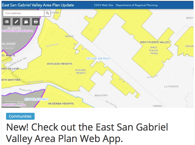 Y-PLAN (@yplanberkeley) on Twitter photo The work continues! We're excited about the release of this app from <a href="/LACDRP/">LA County Planning</a> and proud of the role our Y-PLAN student scholars have played in the East San Gabriel Valley Area Planning process.
Use the tool here: bit.ly/3erWhpX
#youthvoice #youthpower The work continues! We're excited about the release of this app from <a href="/LACDRP/">LA County Planning</a> and proud of the role our Y-PLAN student scholars have played in the East San Gabriel Valley Area Planning process.
Use the tool here: bit.ly/3erWhpX
#youthvoice #youthpower