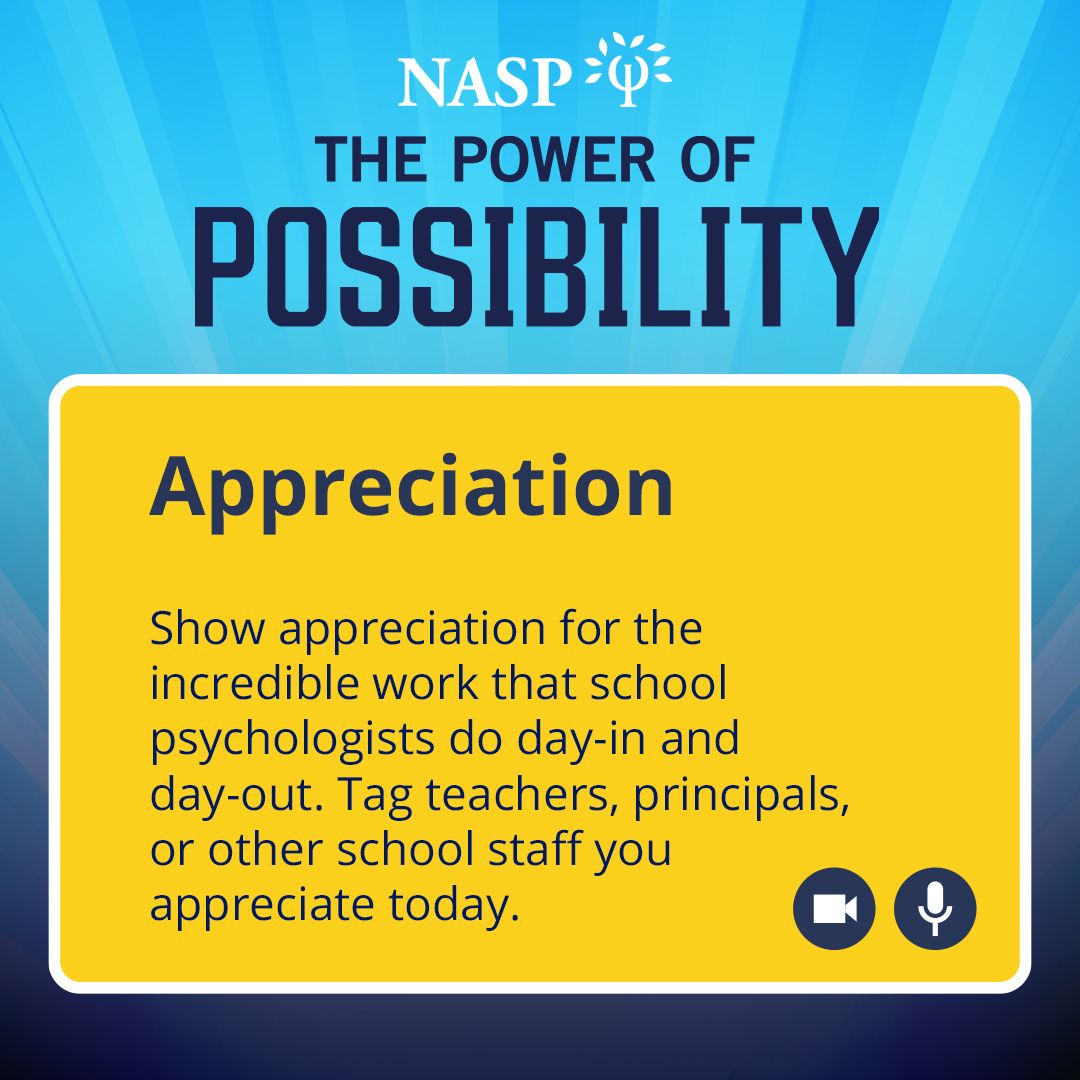 Today we show appreciation for the incredible work school psychologists do each day. Tag, post a photo of, send a tweet, or video shoutout for a school psychologist you appreciate. Feel free to tag teachers, principals, or other school staff you appreciate too! #SPAW2020