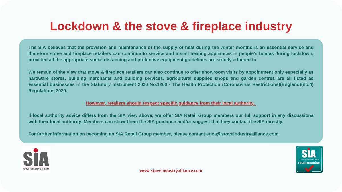 StoveIndustry's tweet photo. We are working hard to support all our SIA Retail Group members during this time. Please see our latest advice below. For more information on becoming a member, please get in touch or visit our website for more information https://t.co/o7rUdilSGi https://t.co/Ssm0ce09zu