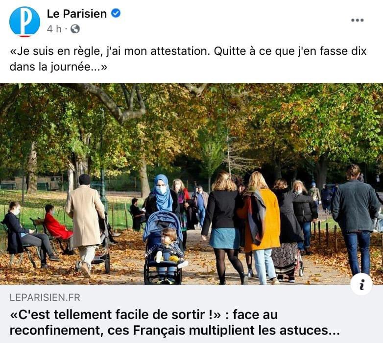 Voilà, j’ai compté.[Thread].Entre le 27 octobre et le 10 novembre 2020, sur les dizaines et dizaines d'articles publiés par Le Parisien, 6 ont été illustrés par des photos montrant des femmes qui portent le voile ou pouvant être perçues comme telles.