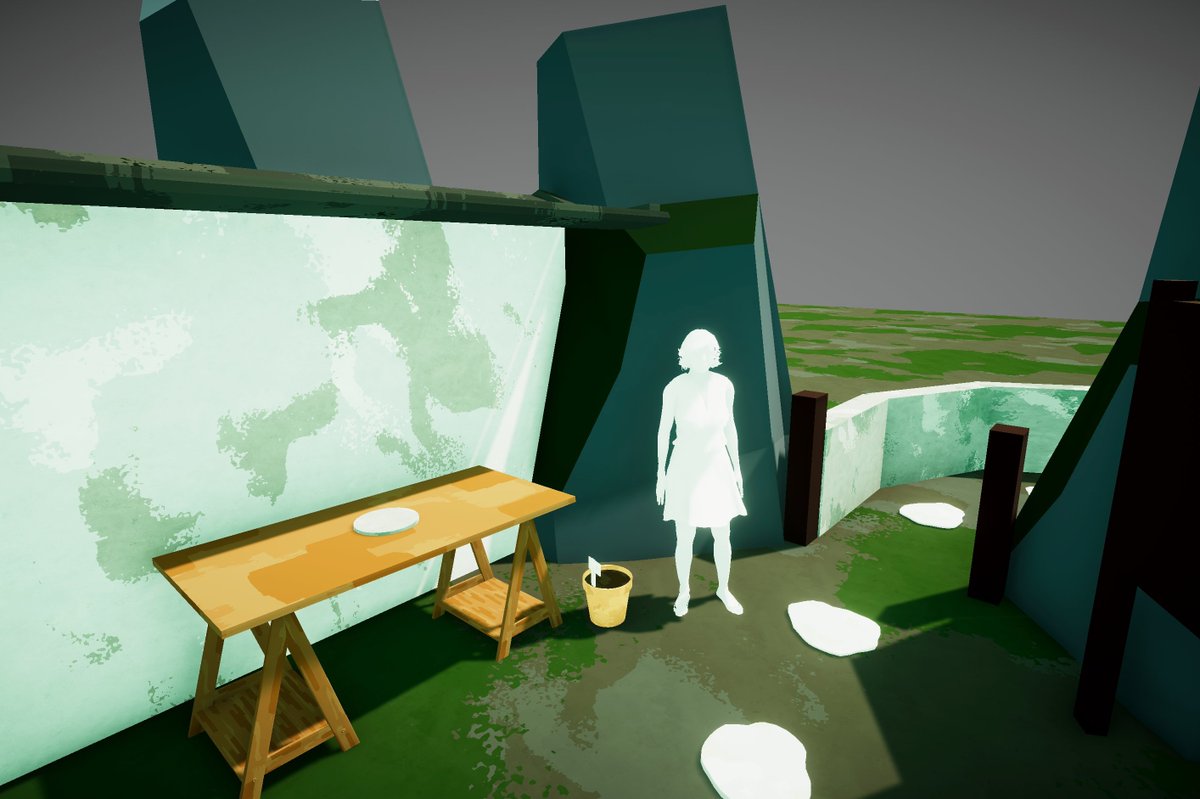 When blocking out, scale is important. I walk around in my environment right from the beginning, so I can notice early on when it doesn't feel quite right. Something I like to do as well is have a human model in my scene, so I can base my scale on that reference.