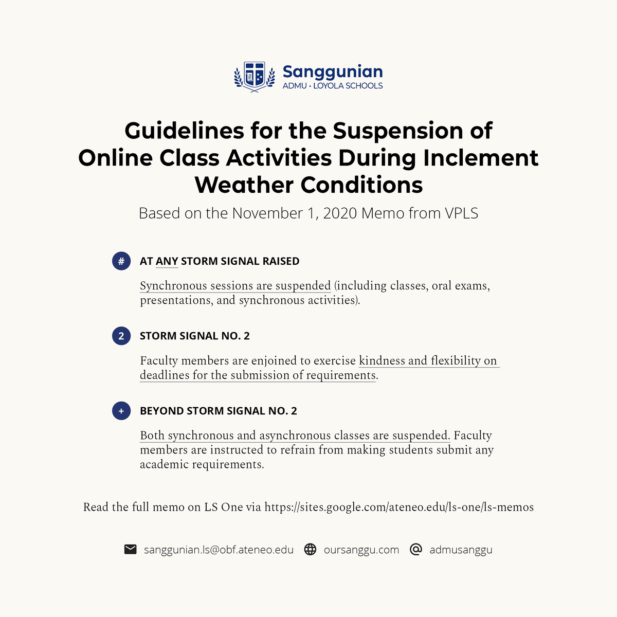admusanggu's tweet photo. Pursuant to the November 1, 2020 Memo from VPLS, 'Guidelines for the Suspension of Class Activities During Inclement Weather Conditions,' synchronous sessions* are suspended today, November 11, 2020.

*For classes with students living in areas where typhoon signals are raised. https://t.co/4Uvwv41c4v