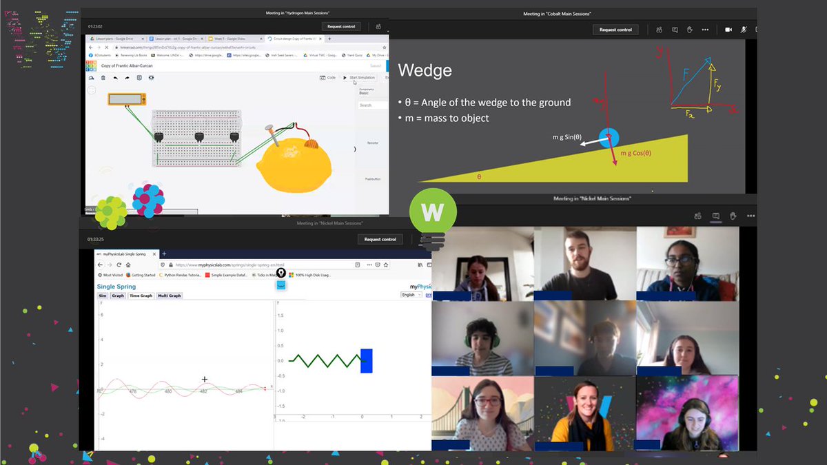 TCD_WaltonClub's tweet photo. We've just completed four weeks of Trinity Walton Club Virtual, and they have flown by! Here's a glimpse of some activities from last Saturday: breaking forces into components, experimenting with spring constants and creating circuits with a virtual LEMON! :D #poweringSTEM https://t.co/Y2hlvDtr9e
