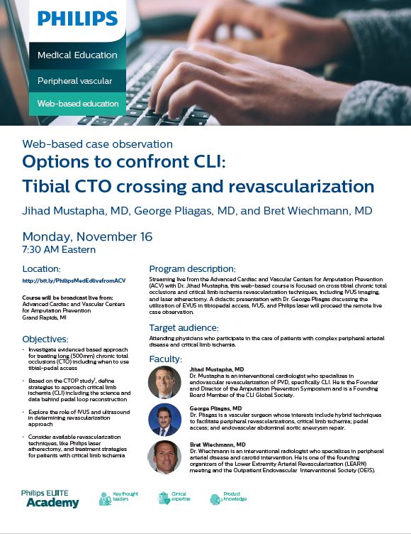 DevinMcbrier's tweet photo. Great agenda at #VIVA20 all week
continue learning Monday AM with #Philips & @Mustapja
web-based live case: November 16th 7:30 AM ET
register: https://t.co/rgFCVwEkGq
#CTO #tibial crossing
#ACVCLI #CLI #MedEd #IVUS https://t.co/UV1lAMLpHF