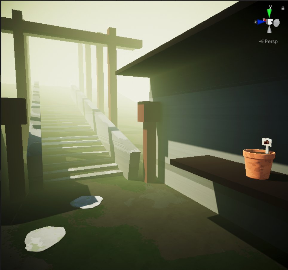I try to pick nice colours in my materials and lighting early on, and play with it until I'm happy and it all feels like it fits well together. I also added Unity built-in fog right away! There's no need to create what isn't visible to the player 