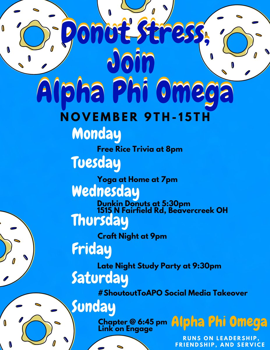 WSUAPO's tweet photo. Are you interested in joining a campus organization this semester? Do you need a break from class work? DONUT worry, Alpha Phi Omega is here! 

Check out APO and learn why we love leadership, friendship, and service.
#DonutStress #RushAPO
@wrightstate @aposectionh4 @aporegionh https://t.co/LxBSp9phb3