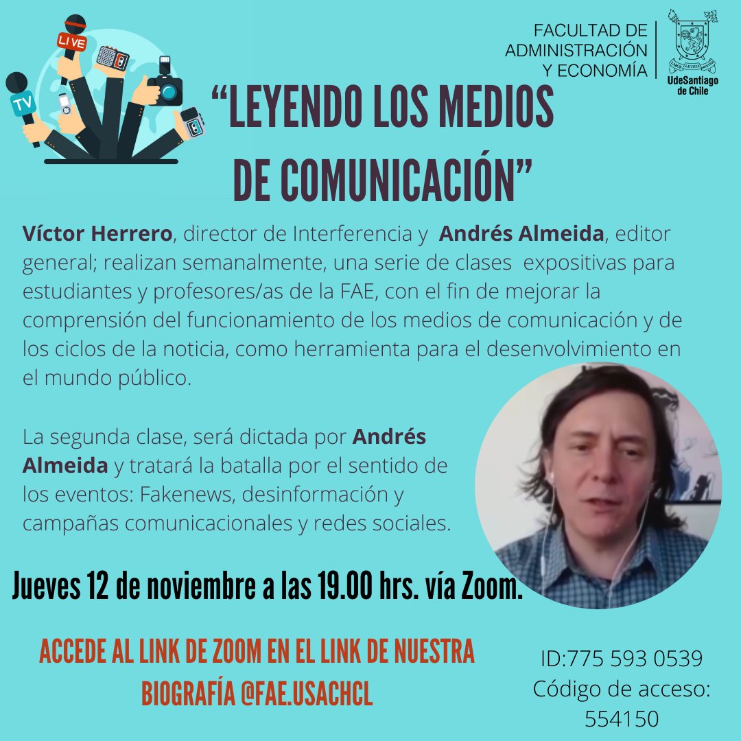 Profesores/as y estudiantes de la FAE USACH acceden a clases con periodistas de Interferencia para mejorar comprensión y funcionamiento de medios de comunicación.
Segunda clase "Fakenews" jueves 12 a las 19.00 horas con Andrés Almeida, editor general de Interferencia.