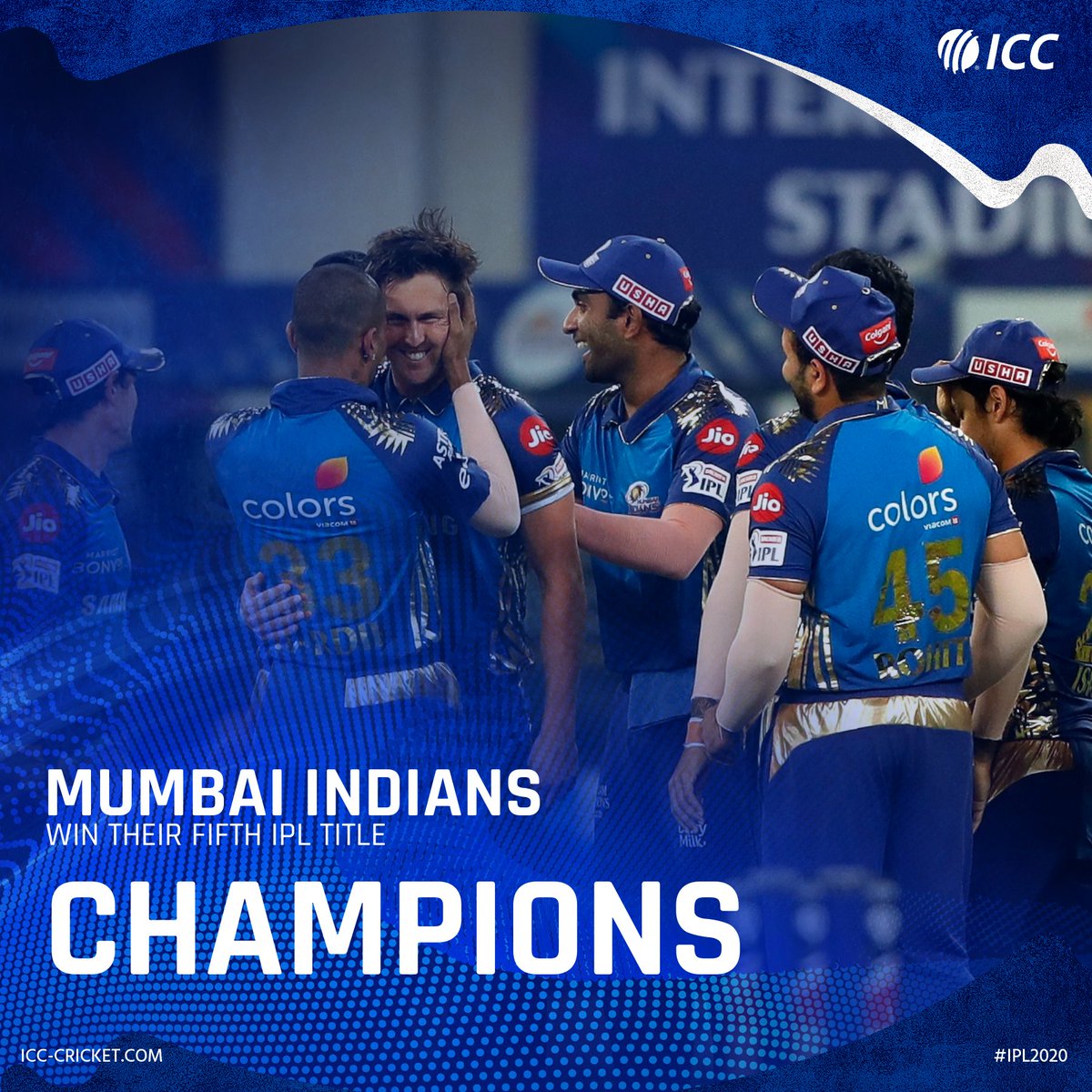 ICC's tweet photo. 🏆 CHAMPIONS! 🏆 

Congratulations to #IPL2020 winners, Mumbai Indians! 🎉🎉 

🇮🇳 Rohit Sharma and 🇳🇿 Trent Boult starred as they beat Delhi Capitals by five wickets 👏 https://t.co/lhDkeUi0S2