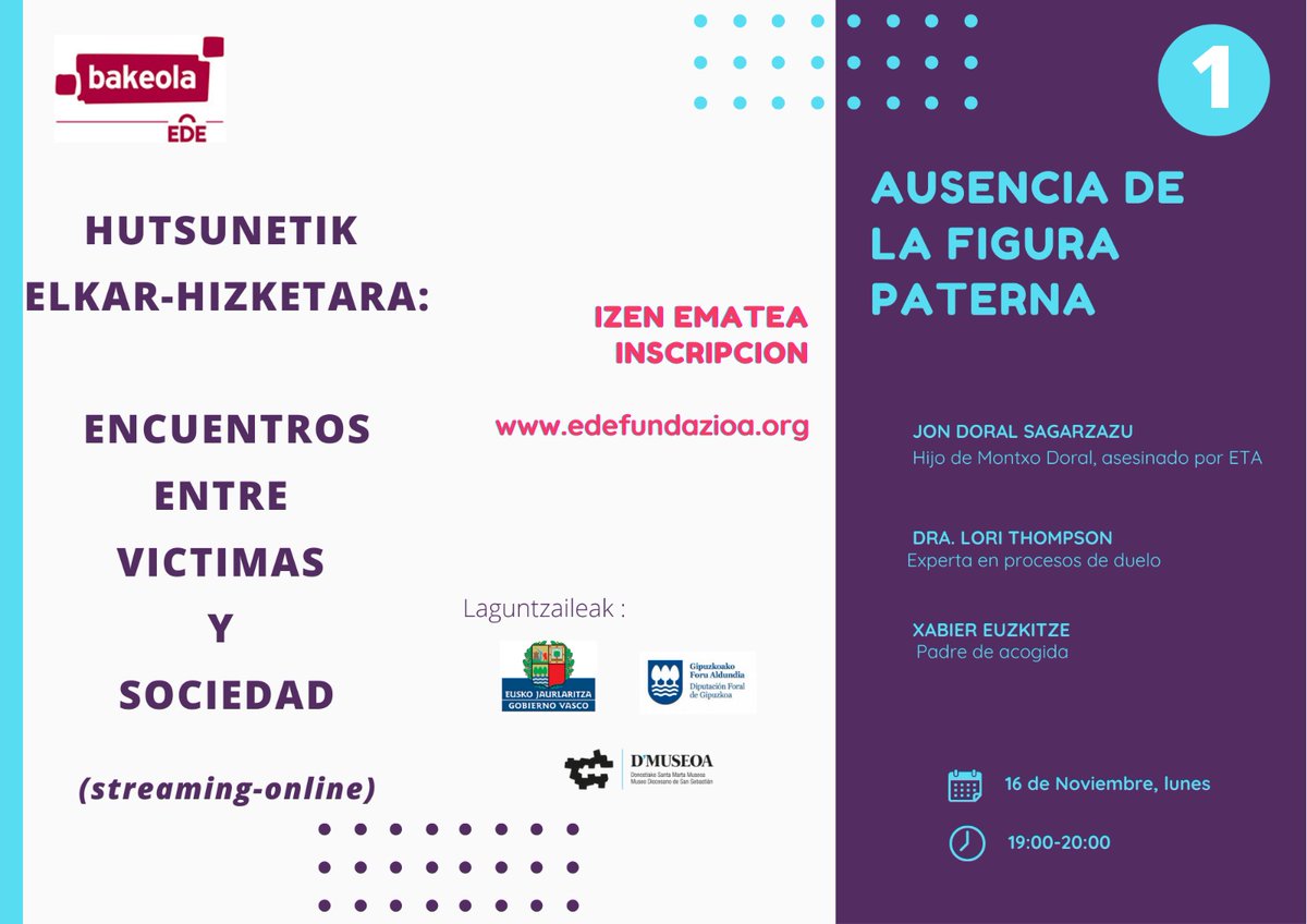 bakeola's tweet photo. BAKEOLA_EDE Fundazioa, hoy Día de la Memoria, os invita a participar en los encuentros que está organizando entre víctimas de violencia política y terrorismo y diferentes sectores de la sociedad.

Inscripción e información: https://t.co/8xtXFrgJy7 https://t.co/C4ZMXtX8dt