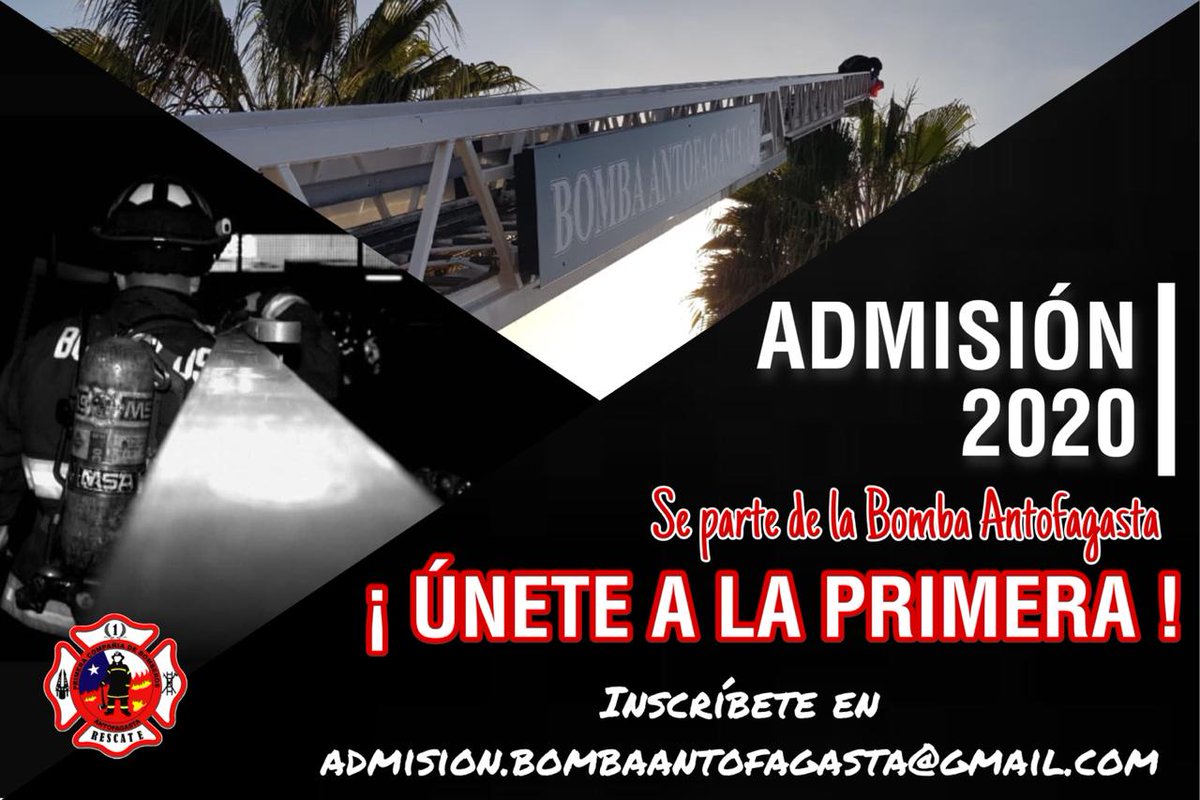 POSTULACIONES ABIERTAS!! 🚨🚒💨
#Antofagasta #Bomberos
Tienes más de 18 años y quieres ser Bombero? Postula a la Bomba Antofagasta enviando un correo a admision.bombaantofagasta@gmail.com o escríbenos un wsp a +56942502814. Te esperamos!! 💪🇨🇱