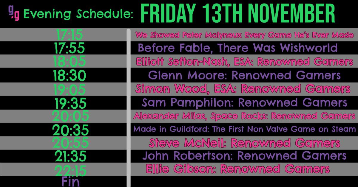 GUGamesFest's tweet photo. Friday evening’s schedule for the Digital #Guildford Games Festival has been released! 

Be there for the premier of the Renowned Gamer Series - featuring @TheNewsAtGlenn @SamPamphilon @stevemcneil @Robbotron and @elliegibson as well as members of the @esa!

#GuildfordGames https://t.co/7Iqonm59wz