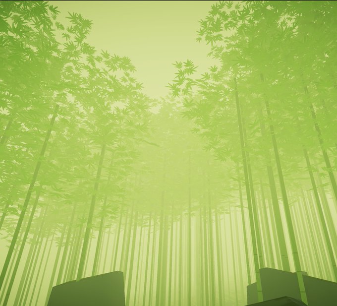 It's starting to look more like a bamboo forest. However, looking at my reference, the bamboo misses some foliage. I'm a big fan of particles, and I love using them to quickly scatter leaves and ivy. Later on, for performance, I baked them to a mesh.