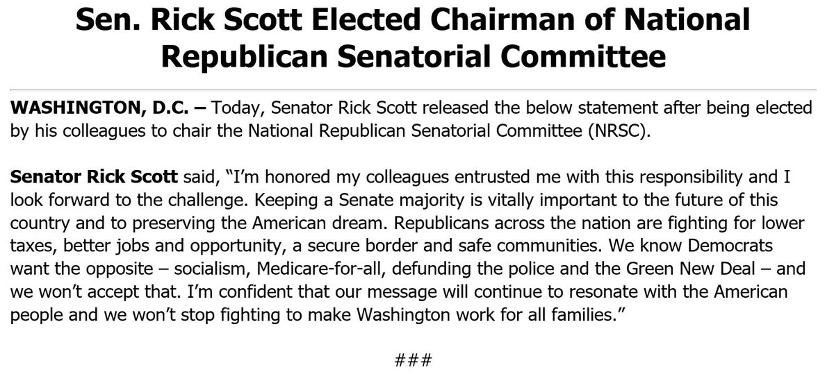 SenRickScott's tweet photo. Thank you to my colleagues for electing me as the new Chairman of the @NRSC. 

Keeping a Senate majority is vitally important to the future of this country and preserving the American dream. https://t.co/xjAhFF6p5T