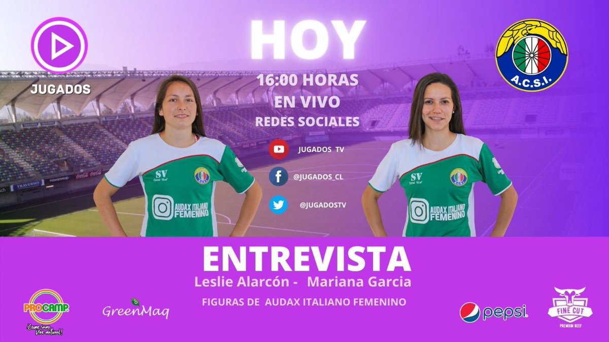 JugadosTV's tweet photo. HOY 16:00 horas EN VIVO!🔴 
💜ENTREVISTA FÚTBOL FEMENINO

Invitadas:
Leslie Alarcón 💜⚽️
Mariana García 💜⚽️

Jugadoras y figuras de @Audaxfemenino @audaxitaliano 

Entrevista:
@caro_pazc 
@javiparra_cdf 

📺 YouTube: JUGADOS TV
       Twitter: @JugadosTV 

#LasQueremosVer https://t.co/n9hex1cFQu
