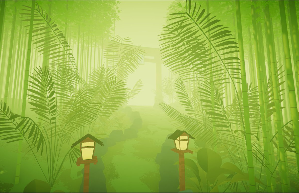 It didn't feel quite as overgrown as the reference image, so I decided to add a whole bunch of ferns and other plants alongside the bamboo. I made them bigger at the beginning to block the player's sight, so the reveal of the big gate feels more impressive.
