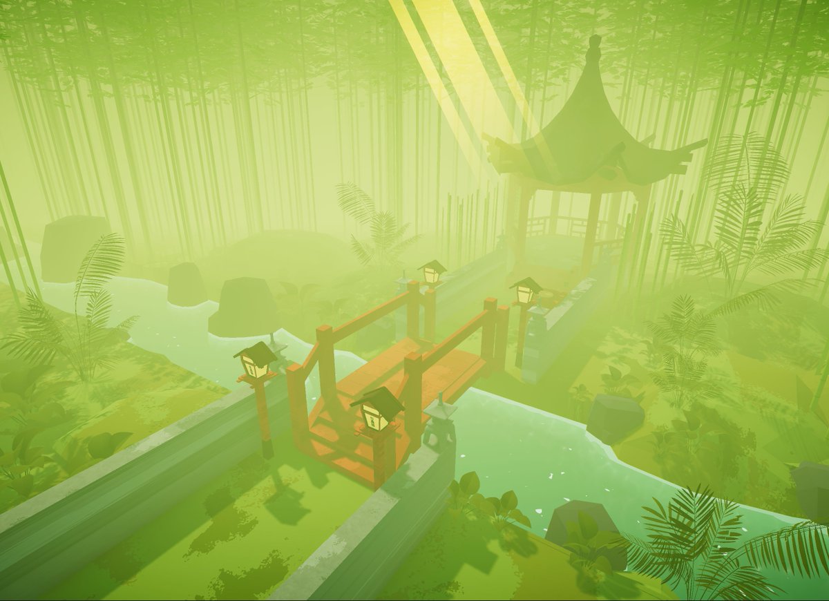 For the last bits of the level, I decorated the river with more rocks and plants. I also placed the shrine and bridge 3D model, and the little pedestal where the player can place its first plant.