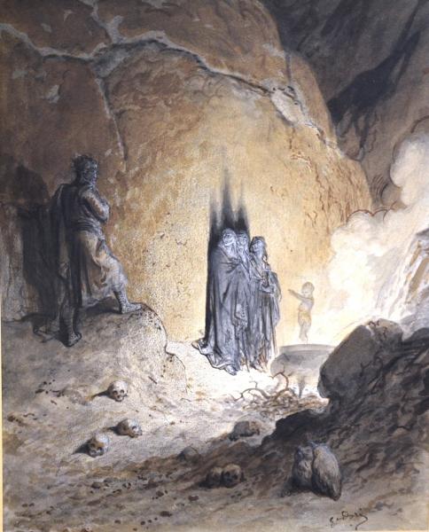 "Macbeth in the Witches' cave" (1859)
left: Pencil & gouache sketch by Gustave Doré  
right : final engraving by Paul Jonnard 