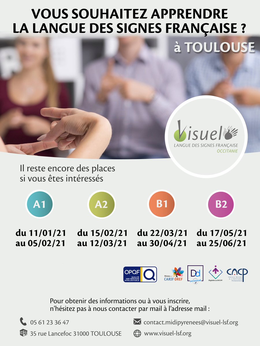 VisuelLSF_MP's tweet photo. Notre prochaine session intensive LSF arrive🤗!!!N'hésitez pas: contactez nous 📞 06.72.67.76.95 /@: contact.midipyrenees@visuel-lsf.org #formationcontinue #coursintensifs #CPF #CCLSF #LSF #communication #formation #certification #metierdavenir #Occitanie #Toulouse #HauteGaronne https://t.co/UvpgjUZpVA