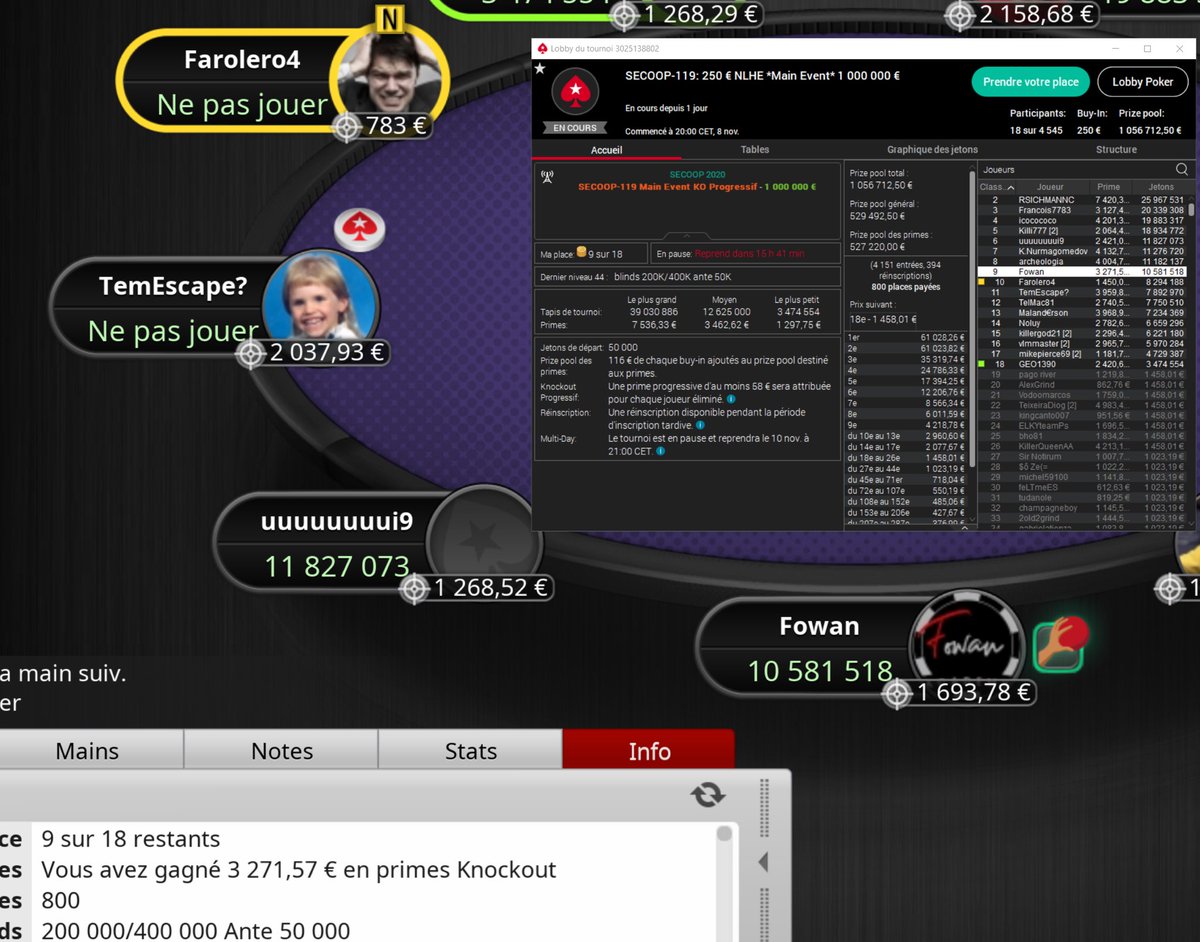 Ce soir je vais tenter de remporter le main event des SECOOP et ses 100k à la gagne.
Actuellement 9ème sur 18 joueurs restants

Vous pourrez suivre la demi finale et la TF en direct sur le twitch de <a href="/PokerStarsFR/">PokerStarsFR 🔞</a> avec <a href="/Bennyestud/">Benjamin Bruneteaux</a> Et <a href="/Yuestud/">Julien BRECARD</a> ♠️♥️♣️♦️

Wish me good luck 🍀