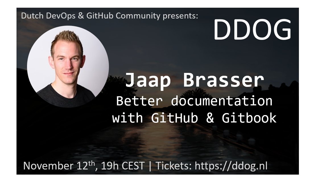 ddog_nl's tweet image. Joining @hboelman this Thursday, our own @Jaap_Brasser will be our second speaker @ The Dutch DevOps &amp;amp; GitHub community!🐶 

Come see his virtual talk:
Better documentation with GitHub &amp;amp; Gitbook

More info &amp;amp; Tickets @ ddog.nl 
#DDOG #GitHub @github