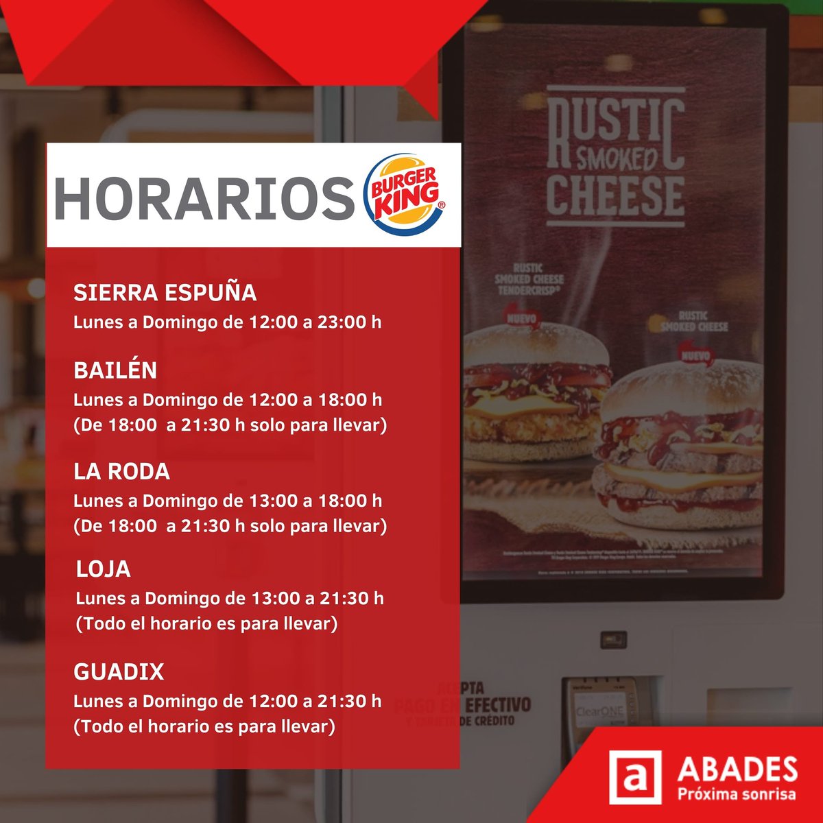 abadesareas's tweet photo. 🔴 Hemos actualizado los #horarios de los #BurgerKing de nuestras #áreasdeservicio siguiendo, de esta forma, las últimas restricciones de la  @AndaluciaJunta.

Te seguimos acompañando. 😉

➡️ https://t.co/TBp5NZB707

#AbadesÁreas https://t.co/eaQ3pE14mr