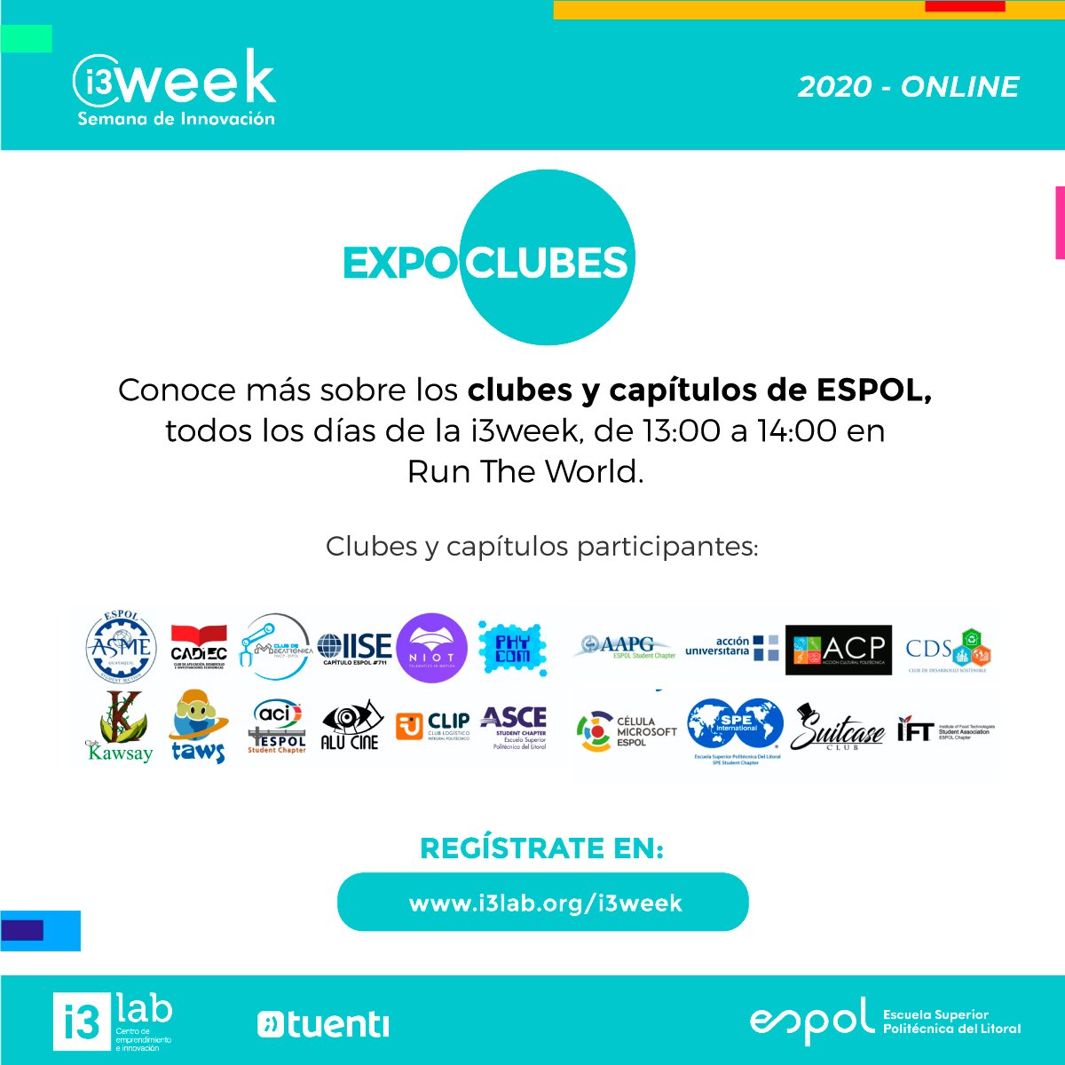 i3labespol's tweet photo. ¿Quieres conocer más el trabajo que los clubes y capítulos de la @espol realizan? 

Acompáñanos toda esta semana hasta el sábado 14 de noviembre, de 13:00 a 14:00 en Run The World. Estaremos compartiendo sus proyectos mediante videos‼️

▶️Regístrate en:
https://t.co/VRXBuo646K https://t.co/xCSDR82j2I