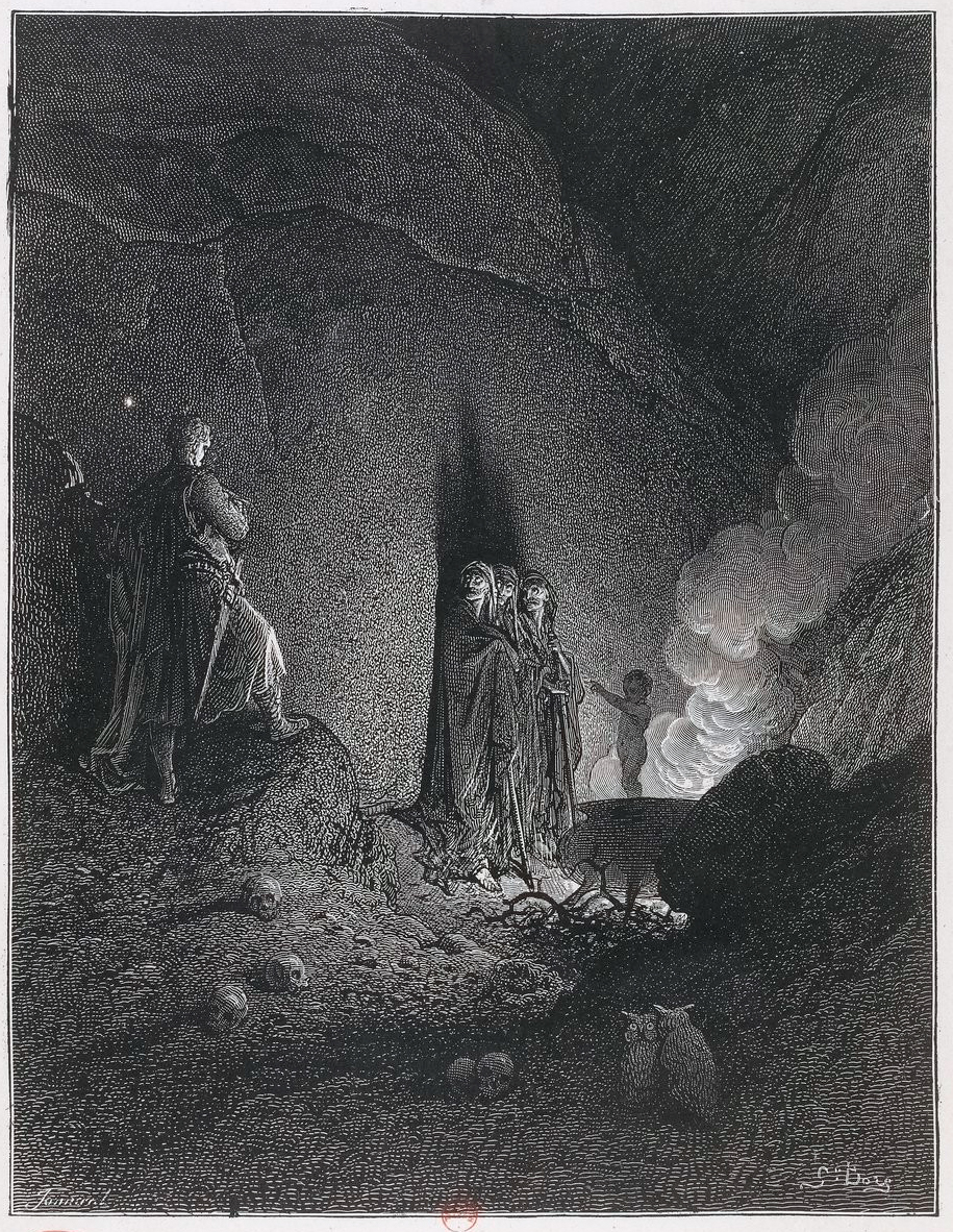 "Macbeth in the Witches' cave" (1859)
left: Pencil & gouache sketch by Gustave Doré  
right : final engraving by Paul Jonnard 