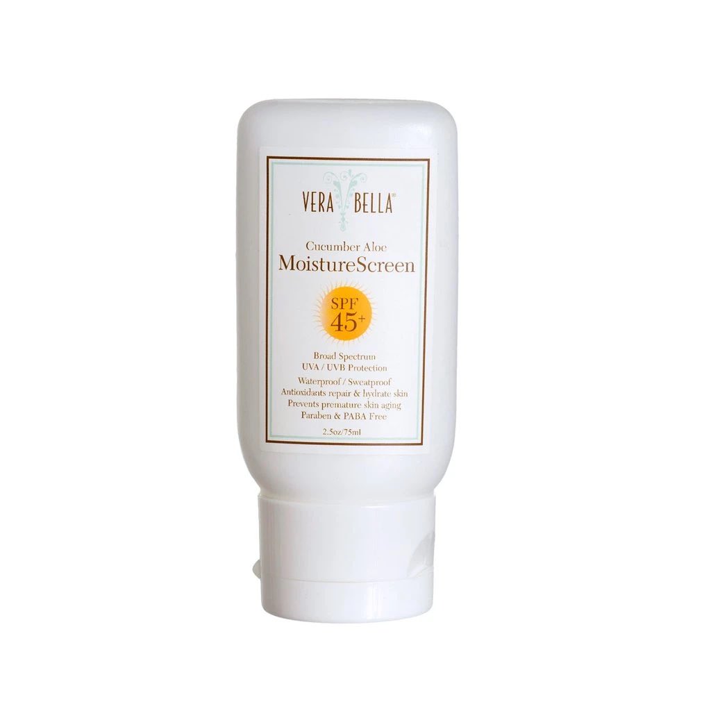 Vera Bella Cucumber Aloe Moisture Screen SPF 45+ Lightweight Daily Moisturizer• Mixed sunscreen (Micronized Zinc Oxide & Octyl Methoxycinnamate. No avobenzone or oxybenzone)• Lots of antioxidants • Contains Borage oil• Broad spectrum • Water resistant