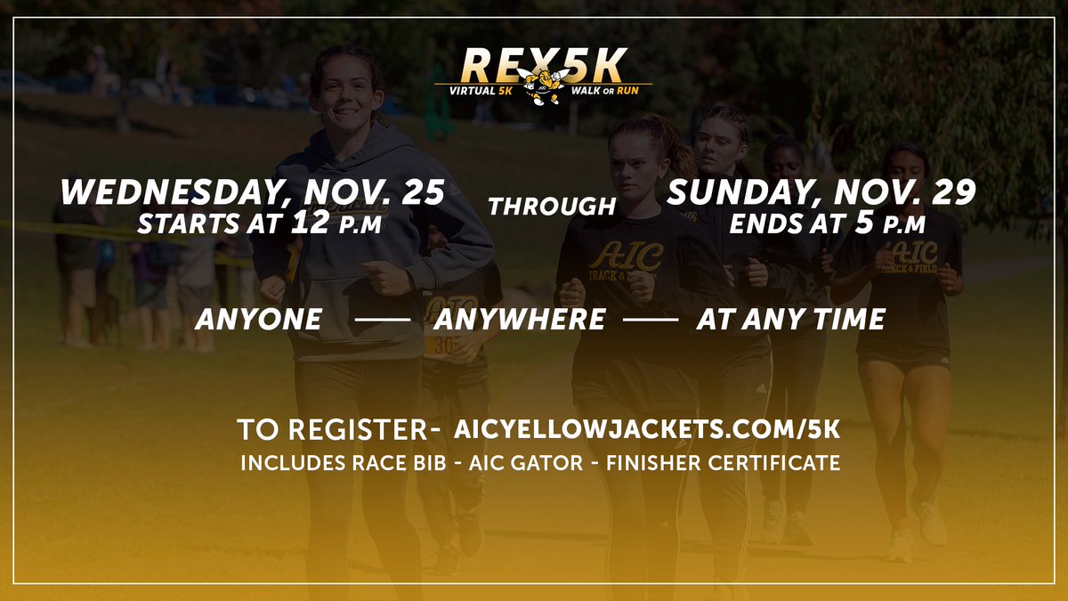aicathletics's tweet photo. Dreading all of those Thanksgiving calories you're about to eat this month? Fear not, we have the perfect solution for you! Whether you're walking or running the #Rex5k can wipe away all of those pesky calories!
Register today! Click here 👉 https://t.co/4fOx3RLnQR https://t.co/HWEWEQbq0S