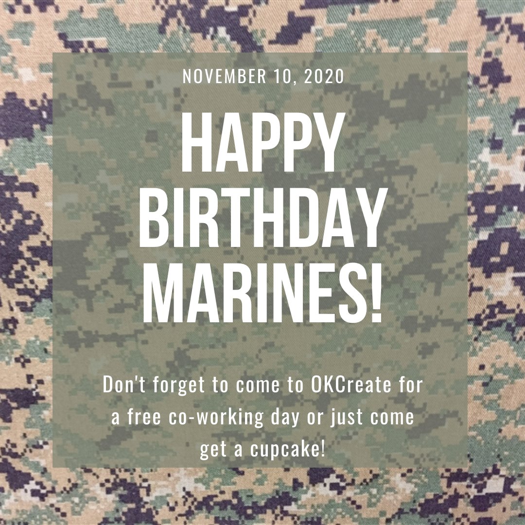 OKCreate1's tweet photo. Happy 245th Birthday Marines!
Come by today for a free coworking day 11 am - 6 pm or just come grab a USMC themed cupcake!
We are located at 2420 N. Robinson Ave., just north of 23rd St. on Robinson.
#OKCreate #HappyBirthdayMarines #veteranowned #veteranownedbusiness #cupcakes https://t.co/oHR7Mjyitx