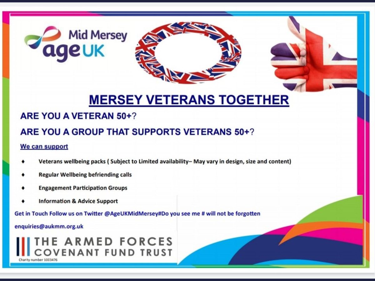 AgeUKMidMersey's tweet photo. If you are a veteran, or know someone who is, why not get in touch to find out what support we have on offer.
@CovenantTrust @KnowsleyCouncil @KnowsleyNhoods @HWKnowsley #Respect #willnotbeforgotten #DoYouSeeMe? https://t.co/ensXm4Zy0o