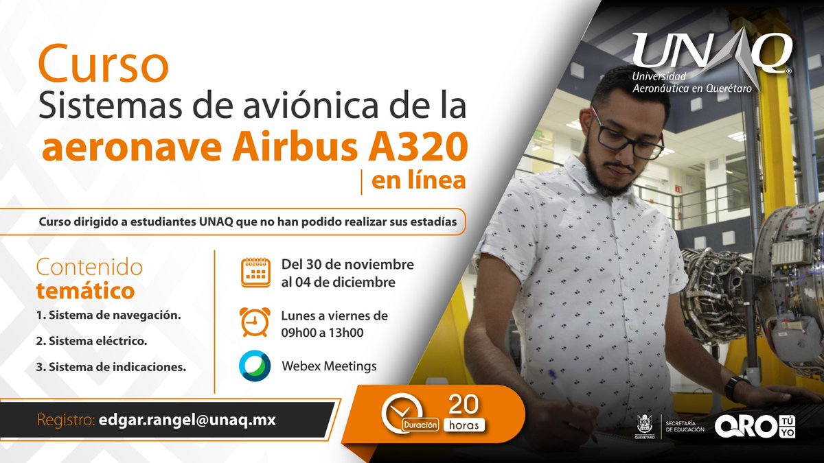 #CursosUNAQ Te invitamos a inscribirte al curso: Sistemas de aviónica de la aeronave Airbus A320 📡✈️

✅ Regístrate enviando un correo a: edgar.rangel@unaq.mx 📨