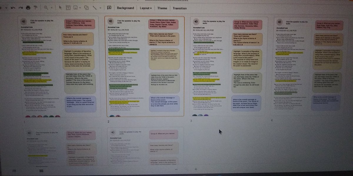 Analyzing Poe-try slides in breakout rooms! So proud of these Ss of mine! <a href="/TwinPeaksRams/">Twin Peaks Rams</a> <a href="/PUSDinnovate/">Poway Unified Technology & Innovation</a> #experienceELA