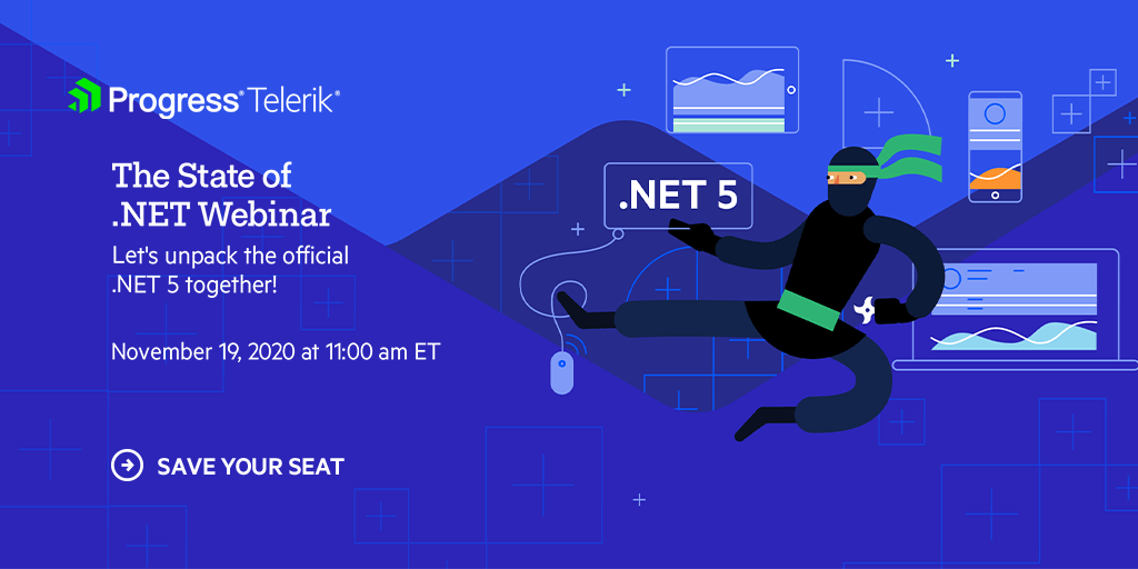 dotnetfdn's tweet image. #dotNET 5.0 launches at #dotNETconf 2020, so let&apos;s get together &amp;amp; chat more about what this means for your apps! On Nov 19, @EdCharbeneau &amp;amp; @samidip from @Telerik are hosting a webinar on the state of .NET. Join in: hubs.ly/H0zzqlS0.