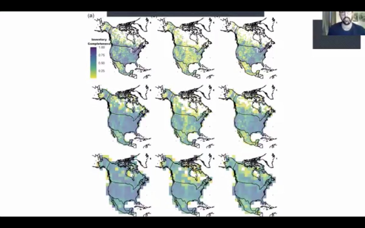flygirlNHM's tweet photo. Next up is Vaughn Shirley talking about the problems with using data from many different inventories from N.America. 

(nice mention of cat in talk #ConferenceBingo)

Obvious patterns can be seen - still large areas of missing data 

@EntCollNet #ECN2020 https://t.co/5enmKwZJPG