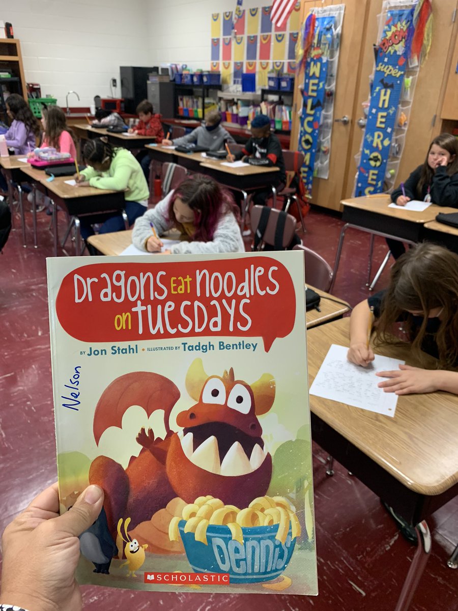 JENNIFERMN1's tweet photo. We are writing the sequel to this hilarious book!  These #nelsonsuperheroes are soooo excited!  How will they escape the belly of the dragon??!! @OES_HCS #lovetolearnatOES #tadghbentley #hcs_ela https://t.co/voLhiXtlbb