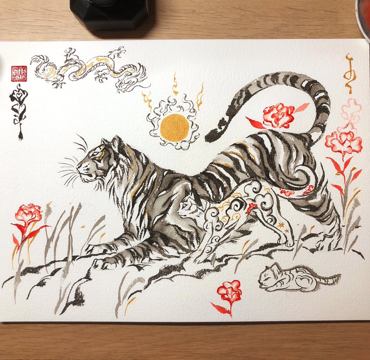 Tiger hunting with cat ?
sumi ink on watercolor paper 