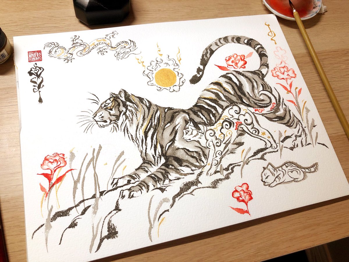 Tiger hunting with cat ?
sumi ink on watercolor paper 