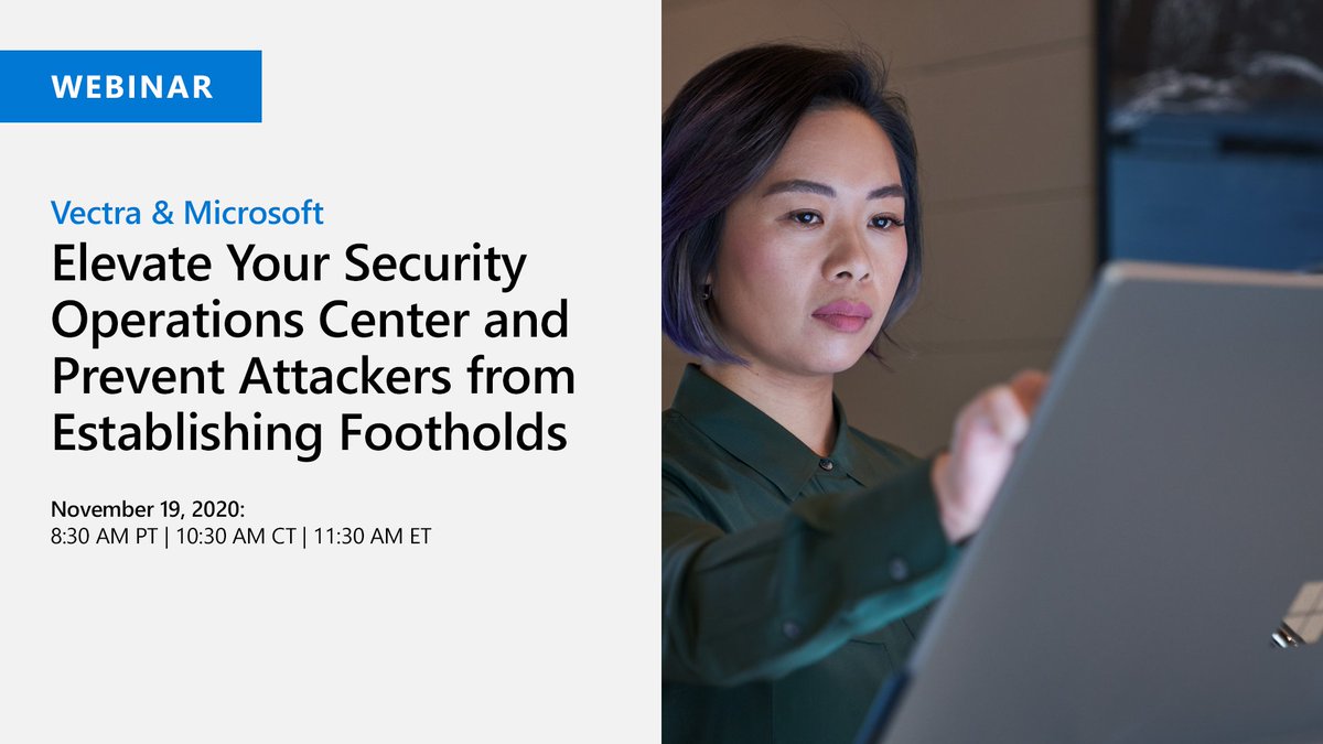 msftsecurity's tweet photo. It’s impossible to defend what you can’t see. Join the Vectra &amp; Microsoft Defender for Endpoint webinar to learn how to elevate your security operations center and prevent attackers from establishing footholds. https://t.co/IJtggJrrj2 https://t.co/ve5vxcdM9t