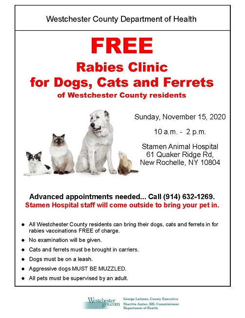westchestergov's tweet photo. Westchester County residents can bring their dogs, cats and ferrets in for free rabies vaccinations on November 15 from 10 a.m. to 2 p.m. at Stamen Animal Hospital in New Rochelle.  Appointments are required. Call 914-632-1269 for more information. https://t.co/aVYUbxpxck https://t.co/EGD3PIK6hq