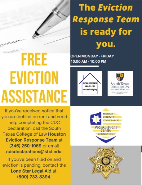 Free eviction assistance. Asistencia gratis para desalojos. Thank you <a href="/masacks/">Michelle Sacks</a> <a href="/Pct1Constable/">Office of Harris County Constable Pct 1 Alan Rosen</a> for supporting our community in need of legal assistance. <a href="/AldineISD/">Aldine ISD</a>
