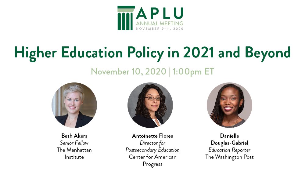 APLU_News's tweet photo. Welcome to day two of #APLU2020! Our first keynote of the day features @DrBethAkers, @TheToniFlores, and @DaniDougPost in a discussion on #highered policy in 2021 and beyond. https://t.co/7waKDAi3bF