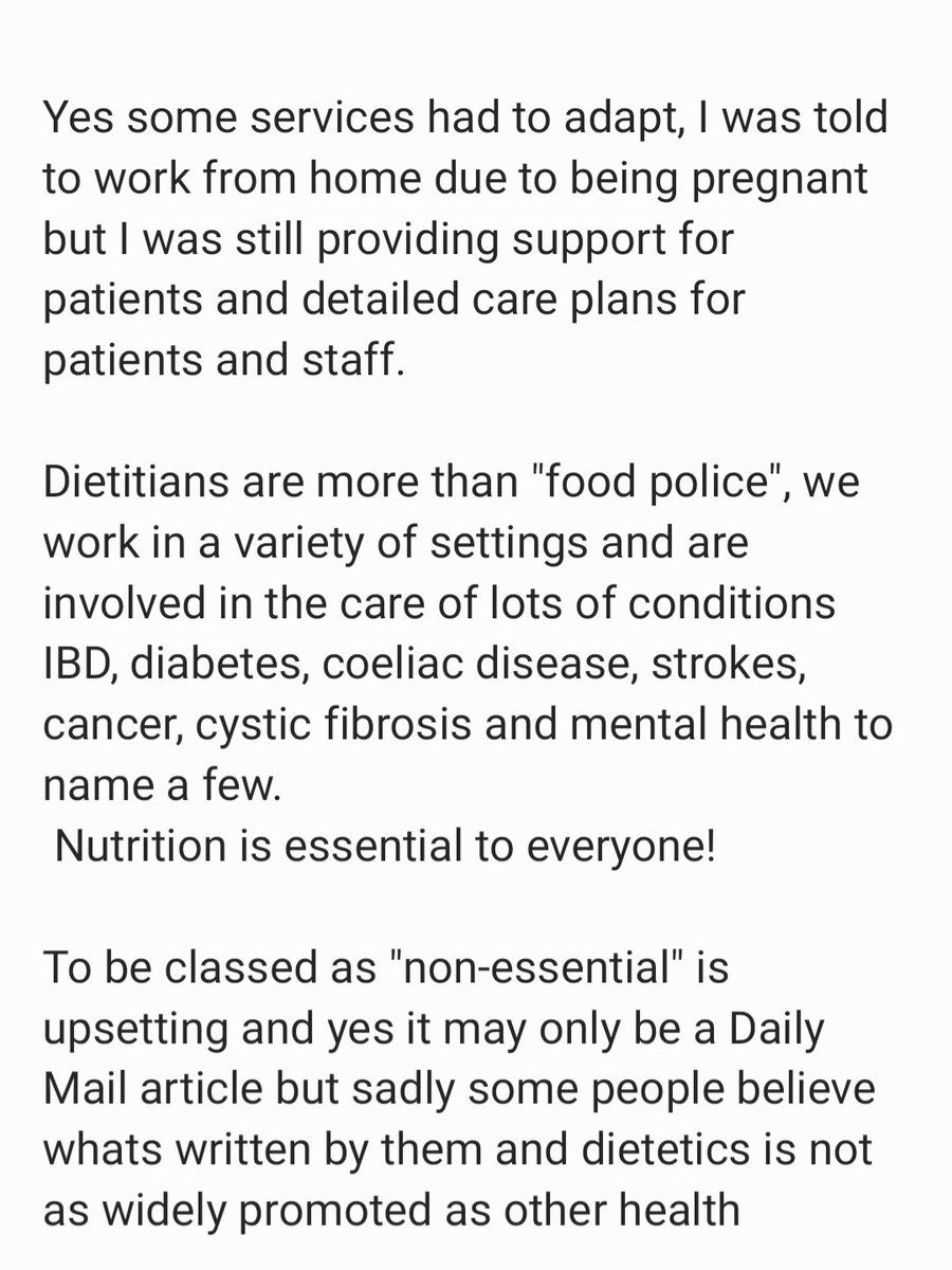 MichelleO91's tweet photo. A review of whats classed as "non-essential" is needed I think #trustadietitian #WhatDietitiansDo @BDA_Dietitians @DailyMailUK https://t.co/NIPZXsCovU